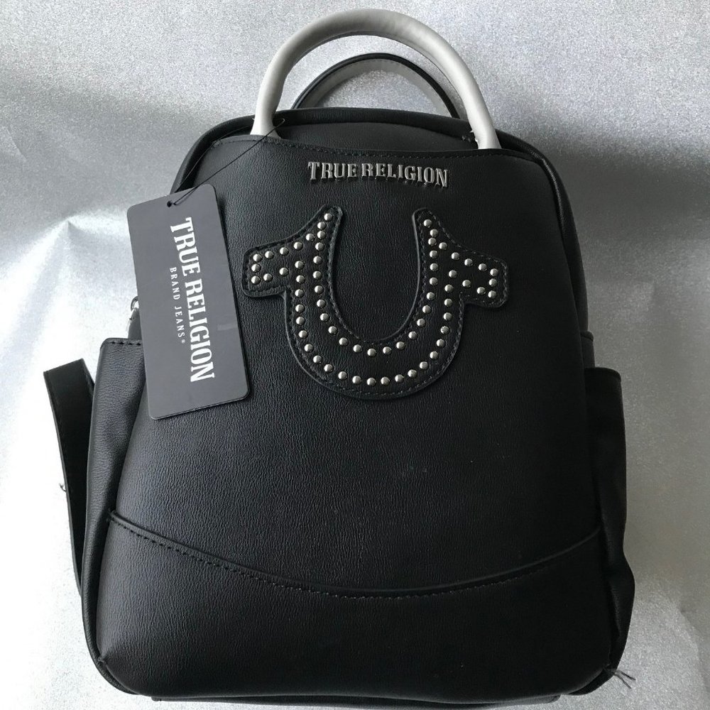 TRUE RELIGION LOGO BACKPACK BLACK faux leather 8" W x 11"H x 4"D